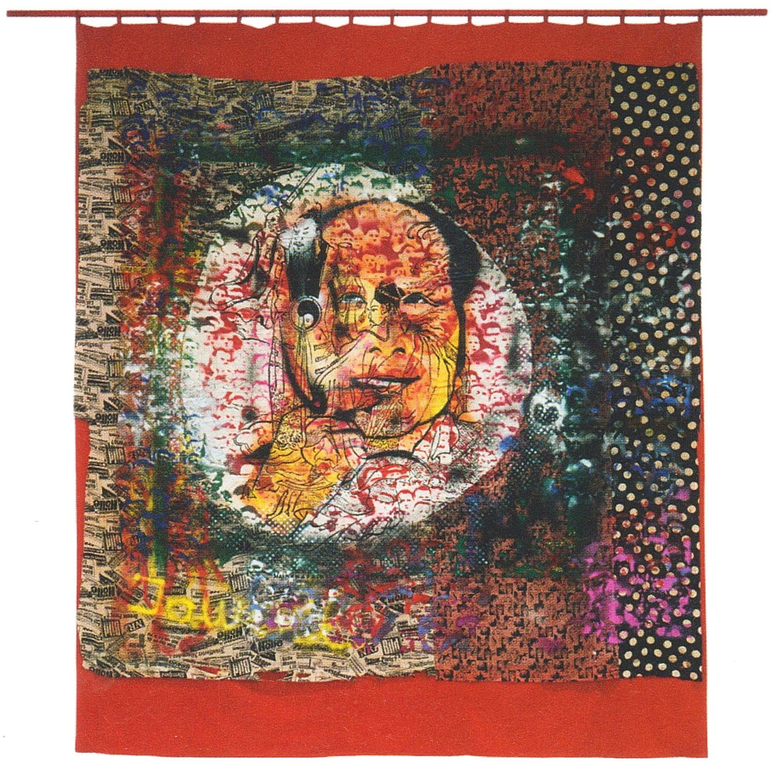SIGMAR POLKE
Mao
1972
Synthetic polymer paint on patterned fabric mounted on felt with wooden dowel
overall: 12&rsquo; 3&rdquo; x 10&rsquo; 3 1/2&rdquo; (373.5 x 314 cm)
The Museum of Modern Art, New York
