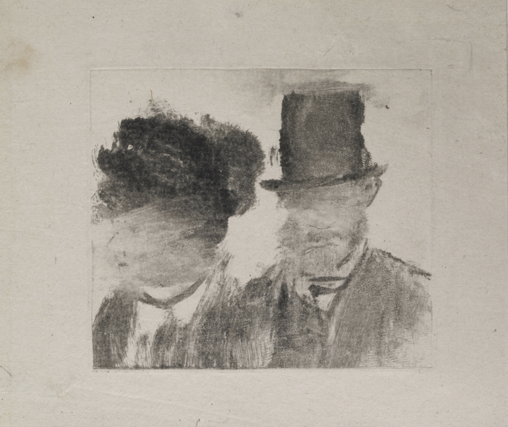 EDGAR DEGAS
Heads of a Man and a Woman (Homme et femme, en buste)
c. 1877&ndash;80
monotype on paper
plate: 2 13/16 x 3 3/16&quot;
&nbsp; (7.2 x 8.1 cm)
British Museum, London
