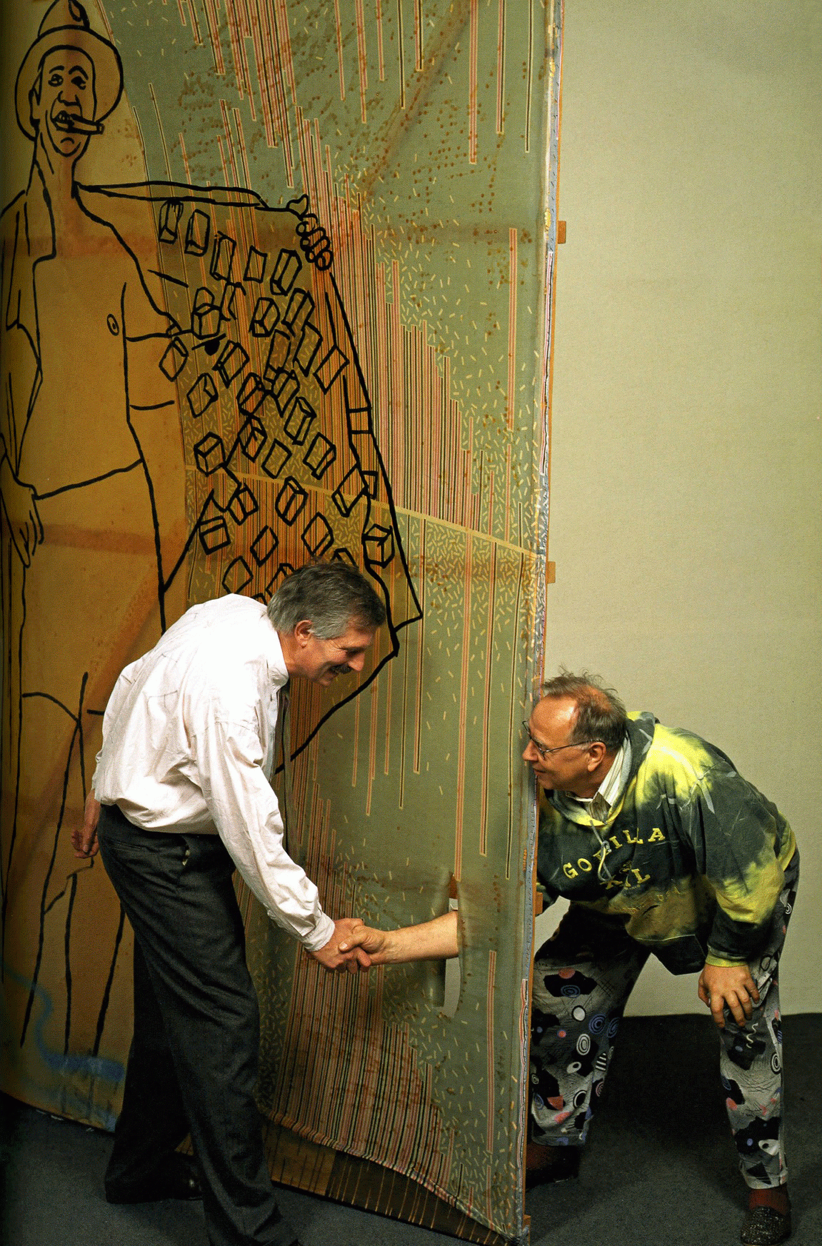 Rainer Speck and Sigmar Polke shaking hands through Gangster (1988),&nbsp;as illustrated in
Sigmar Polke. Works &amp; Days (Cologne: DuMont Verlag, 2005).