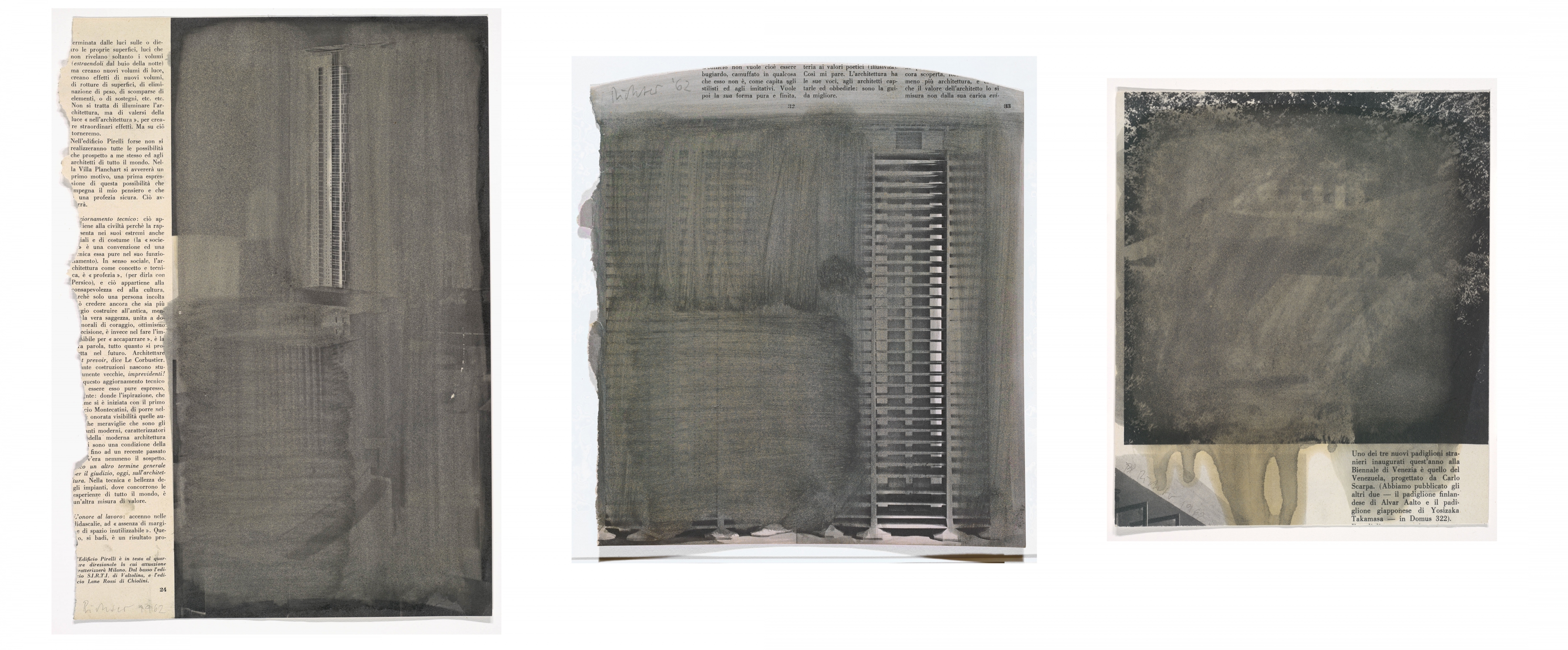 above left, middle, and right: GERHARD RICHTER, Untitled, 1962, solvent on printed paper, dimensions vary, Harvard Art Museums/Busch-Reisinger Museum.

As in Untitled (Chair), Richter sourced material from the pages of Domus for all three of these drawings, from pages 24, 32, and 33 of the March 1956 issue. Italian decorative arts, object design avant-gardes, modernist architecture (the image on the right is a wisp of a Carlo Scarpa, the Venezuelan Pavilion in the Giardini in Venice)&mdash;though Richter cites his interest in the &ldquo;documentary topicality&rdquo; of magazine illustrations, the images culled from the high-gloss Domus stand in contrast to his source imagery in later works, most of which take as their models low-quality reproductions from popular German weeklies, such as&nbsp;Quick, the first magazine published in Germany after WWII, Stern, and Bunte Illustrierte.&nbsp;However, in a 1970 interview with Rolf-Gunter Dienst, Richter asserts that &ldquo;negative selection&rdquo; [8] was the real driving force and that he consciously distanced himself from material that corresponded to &ldquo;known problems or any problem,&rdquo; [9] painterly, social, or aesthetic: &ldquo;I tried not to find anything concrete. Therefore, there were so many trivial themes; and again I had to be careful not to let triviality become my problem and my emblem. You may call that flight&hellip;&rdquo; [10]