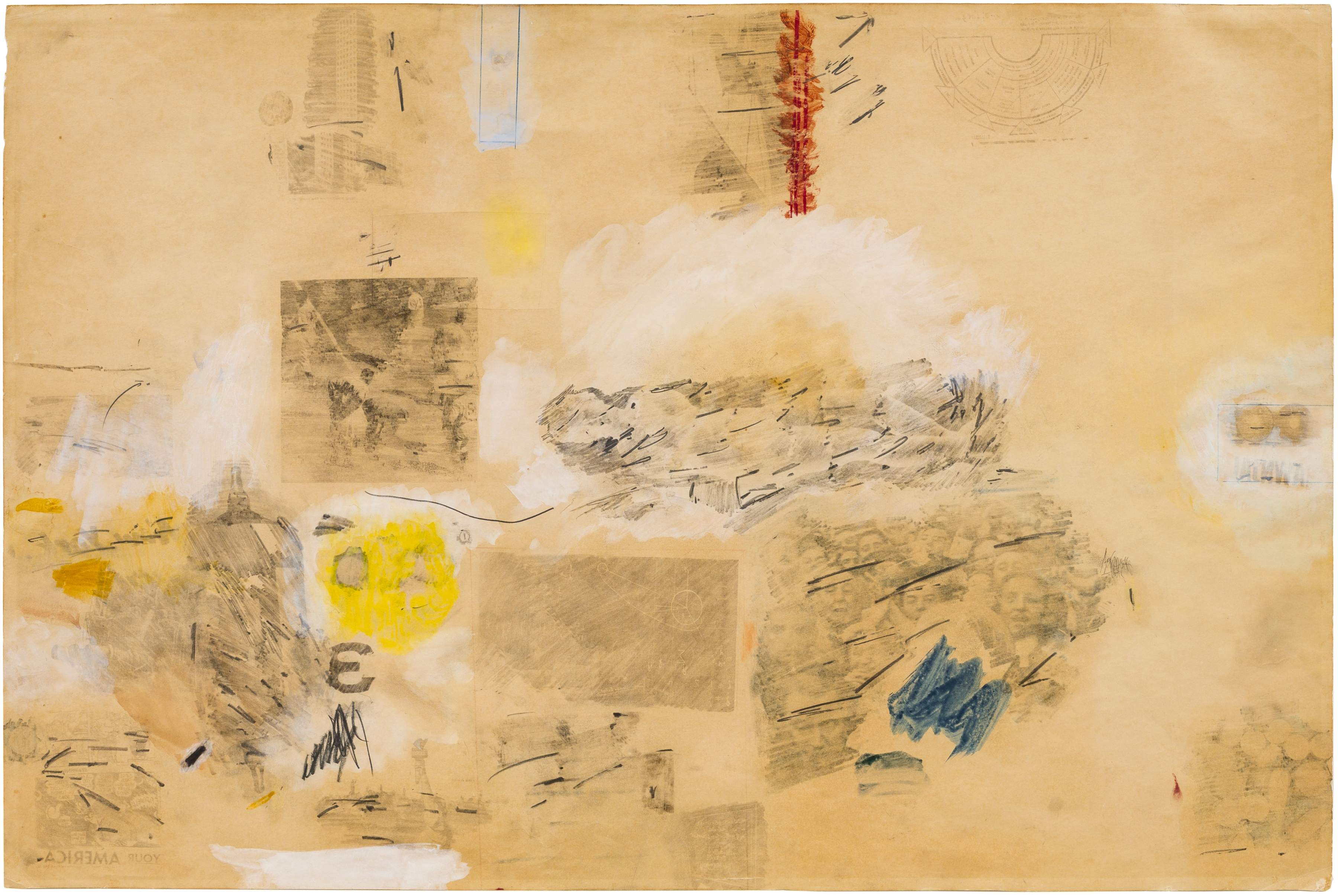 
ROBERT RAUSCHENBERG (1925-2008)

A-Muse
1958
combine drawing of solvent transfer, graphite, transparent&nbsp;and opaque watercolor, and oil pastel on buff wove paper
23 5/8 x 35 1/2 inches
&nbsp; (60 x 90.2 cm)

&nbsp;

signed and dated verso lower right: &quot;RAUSCHENBERG 1958&quot;


Provenance:
Leo Castelli Gallery, New York (Registry #LCD-17)
W.B. Dixon Stroud, Pennsylvania
private collection, Connecticut (by descent)

Literature:&nbsp;
Krčma, Ed. Rauschenberg / Dante: Drawing a Modern Inferno&nbsp;
(New Haven: Yale University Press, 2017).
Illustrated in color, double-page spread, pp. 128-129.

&nbsp;