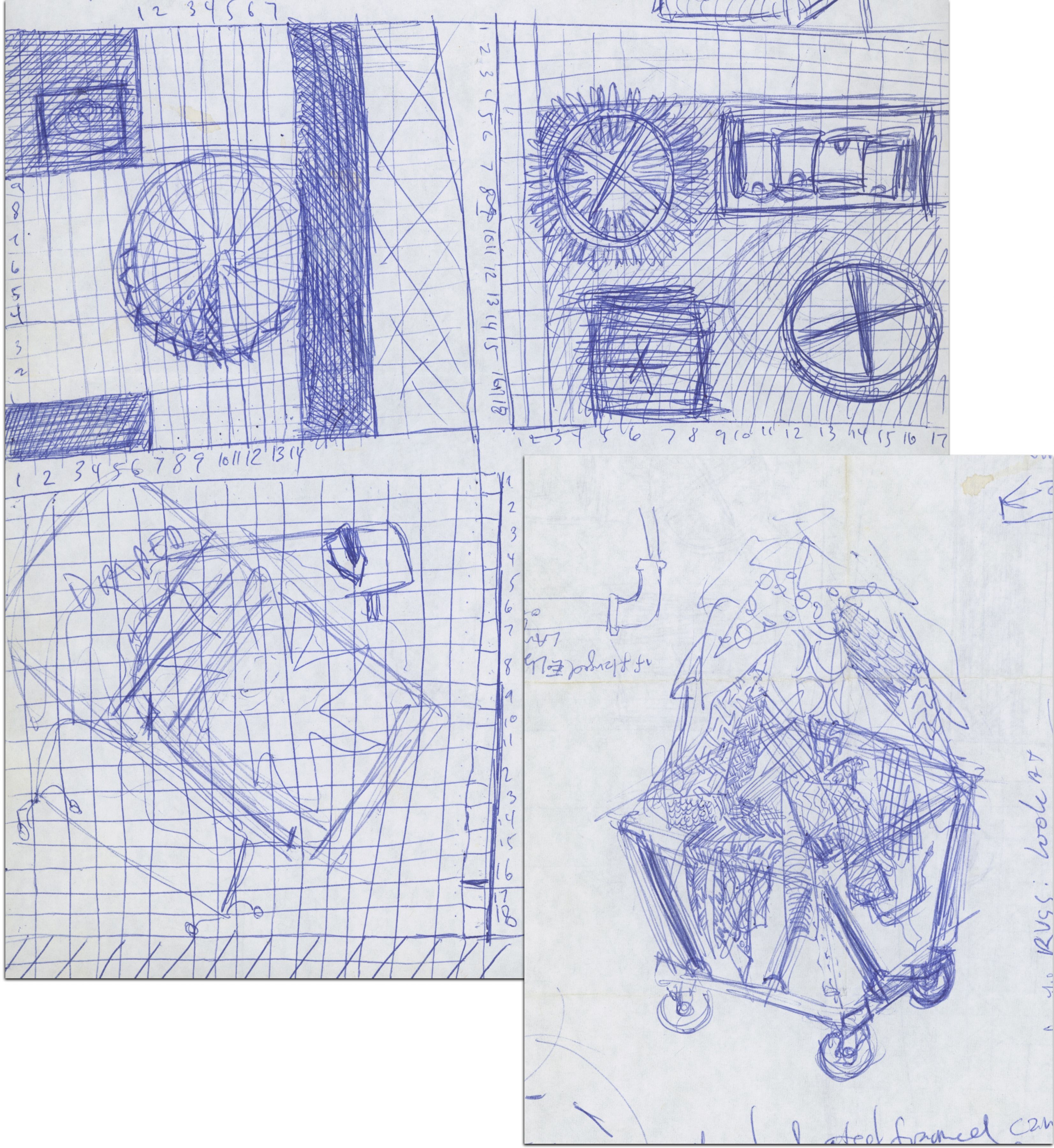 image illustrating process: sketches of bin, of vignettes